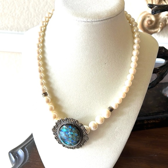 Pearl Necklace with Large Blue-Green
Pendant with Specks Statement Victorian - Picture 2 of 13